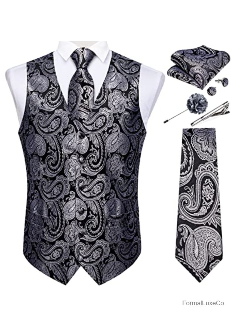 Mens Silk Vest and Tie Set Paisley Waistcoat Necktie Pocket Square Cufflinks